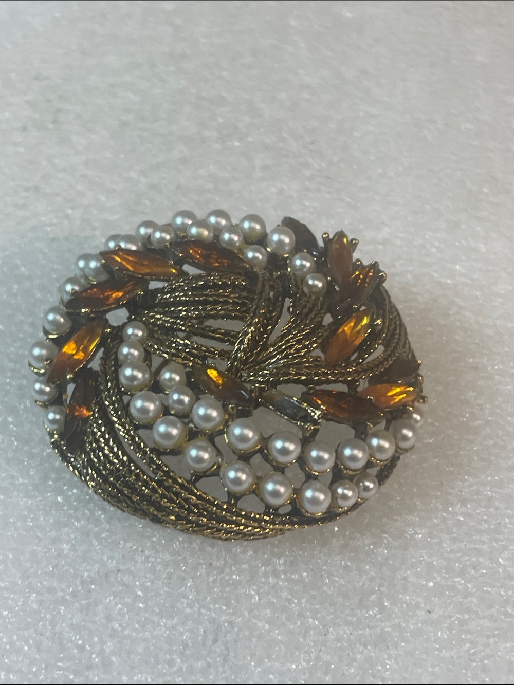 Gold-Tone Pearl and Amber Crystal Wreath Brooch